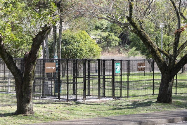 Three dog runs recently opened as part of a new quality-of-life project at Camp Zama, Japan, April 10, 2024. The project was a yearlong effort to revamp a vacant area in the former Hawk’s Way housing area, which also includes a nearly half-mile walking path for community members.